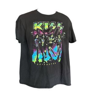 Unisex Kiss Destroyer Album Neon Fluorescent  Black Cotton Concert Tee Shirt   L